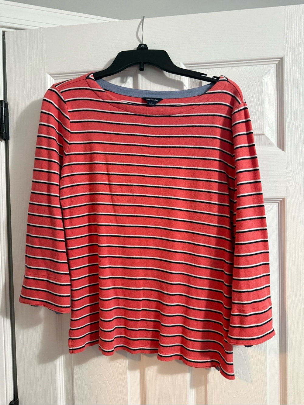 Nautica Coral and Navy Striped Long Sleeve Top